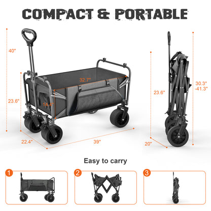 560lbs Large Collapsible Garden Cart with Brakes, Qunler Folding Utility Wagon with Big Wheels and Side Pocket for Camping, Grocery, Gray