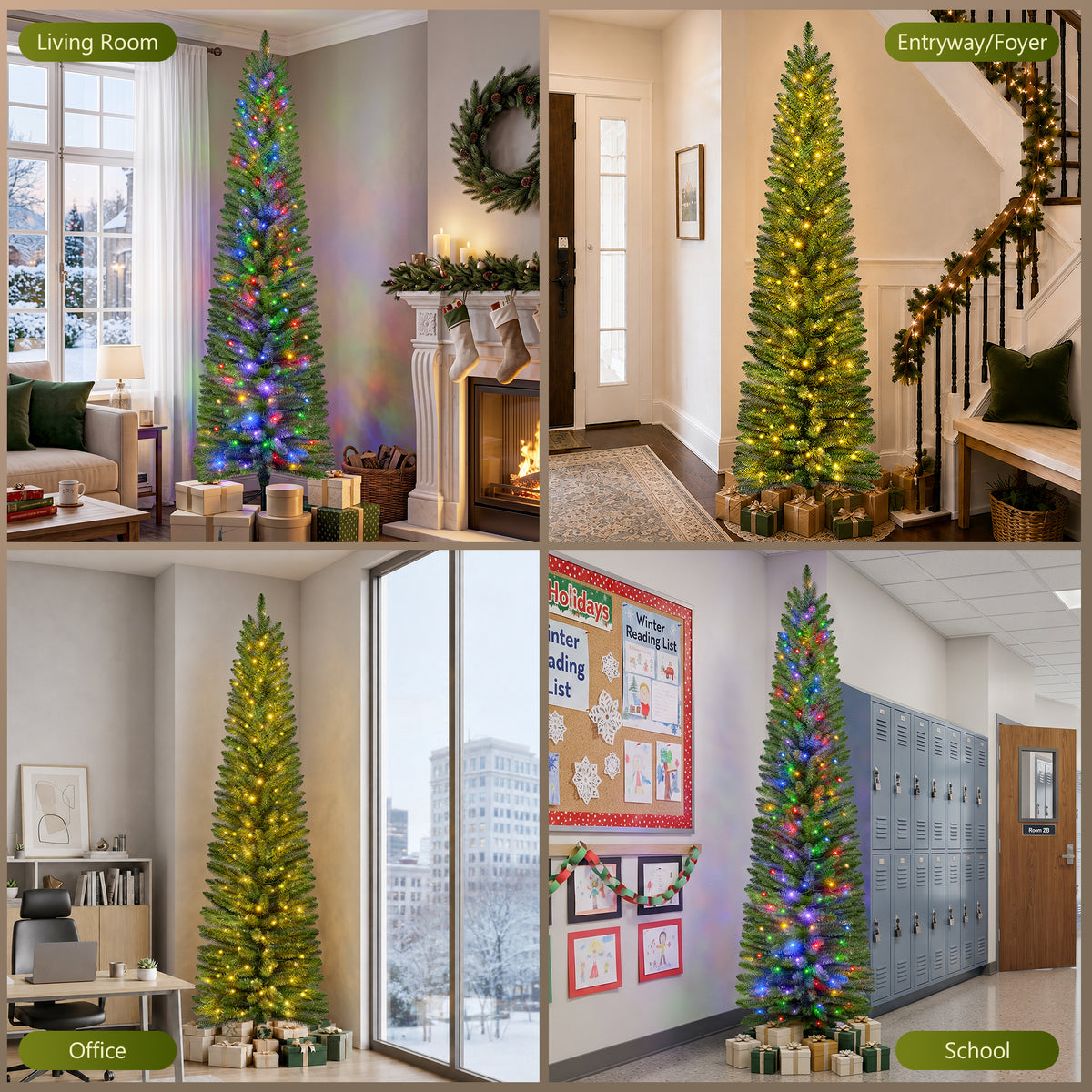 7ft Pre-Lit Pencil Christmas Tree, 663 Tip Artificial Xmas Tree with 250 Dual-Color LEDs, 10 Lighting Modes, Metal Stand, Green