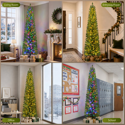 7ft Pre-Lit Pencil Christmas Tree, 663 Tip Artificial Xmas Tree with 250 Dual-Color LEDs, 10 Lighting Modes, Metal Stand, Green