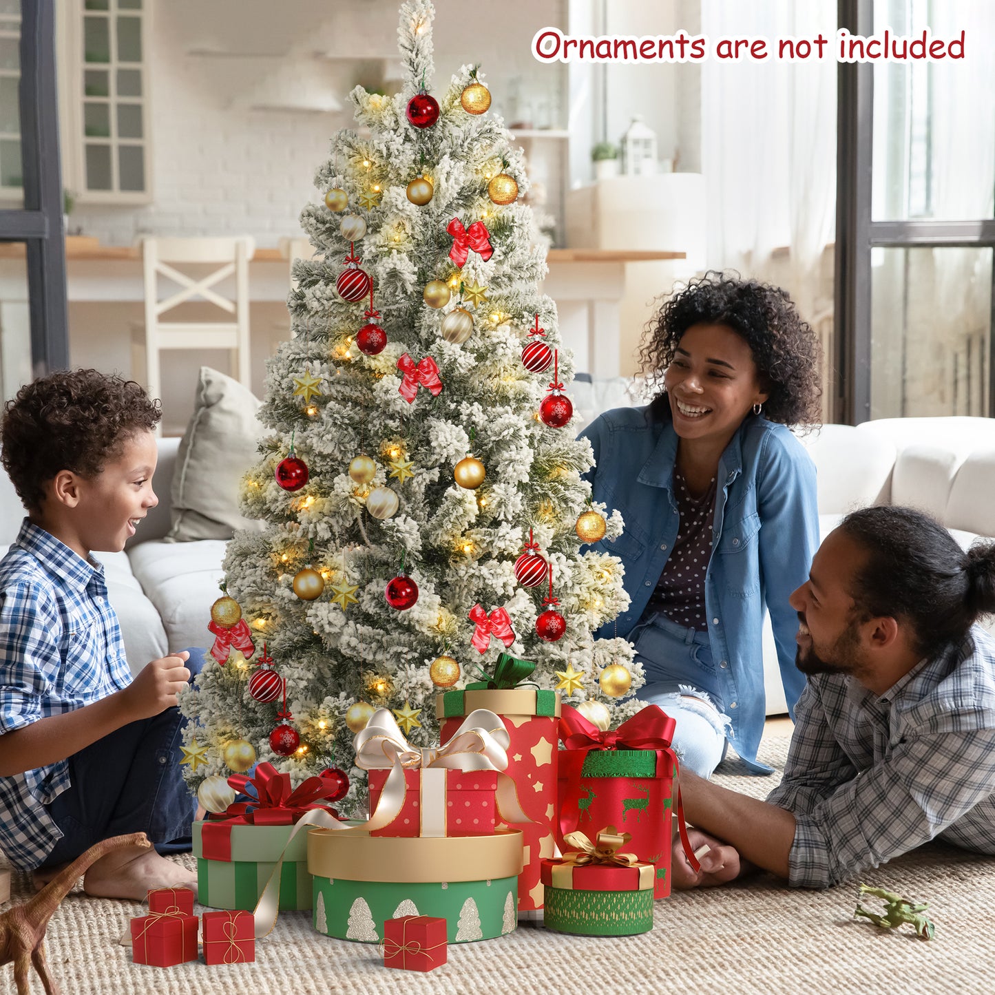 Qunler 4FT Pre-Lit Flocked Christmas Tree with 360 Branch Tips, Snow Artificial Xmas Tree with 100 LED Lights for Holiday, Outdoor, Indoor, Home