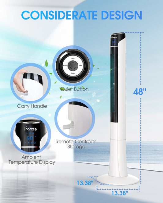 48" Tower Fan for Bedroom, 70 Angle Oscillating Quiet Bladeless Fan, Standing Fan with Remote, 3 Speeds 3 Modes, LED Display, 15H Timer, Floor Fan for Room Indoor Office Home Use, White