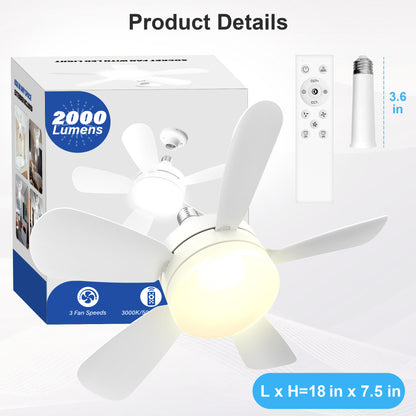 Socket Fan Light, Ceiling Fans with Lights and Remote, 3000K-6500K Dimmable LED Ceiling Fan with Light, 2000 Lumens Light Bulb Screw in Ceiling Fan for Bedroom Kitchen Living Room Closet Garage, White
