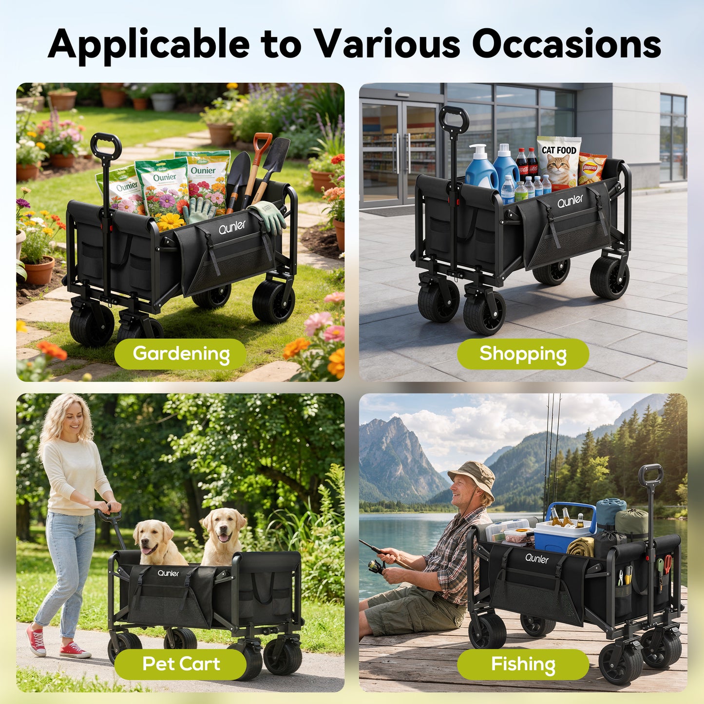 Qunler 560lbs Large Collapsible Folding Wagon with Oversized Tank Wheels, Heavy Duty Big Bucket Utility Garden Cart with Side Pocket for Sports, Shopping, Camping, Kids, Black