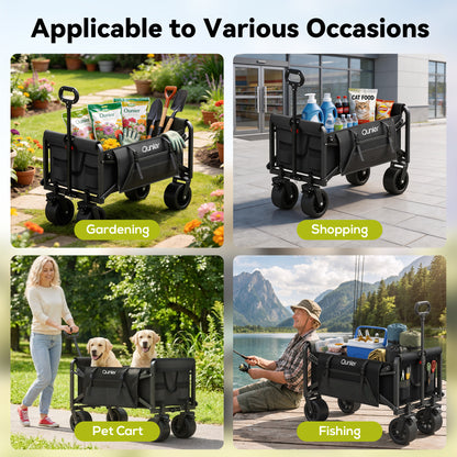 Qunler 560lbs Large Collapsible Folding Wagon with Oversized Tank Wheels, Heavy Duty Big Bucket Utility Garden Cart with Side Pocket for Sports, Shopping, Camping, Kids, Black