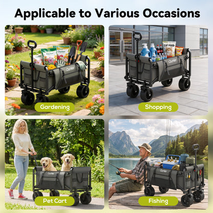 Qunler Collapsible Wagon Cart Foldable with Side Pocket, 560lbs Folding Utility Wagon with Tank Wheels for Camping, Shopping, Grocery, Garden, Grey