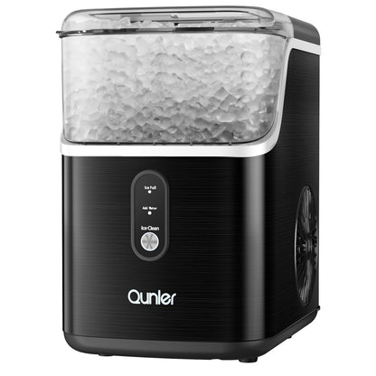 Qunler Nugget Ice Maker Countertops, 33lbs Per Day Portable Pebble ice machine, Crushed ice maker with Soft Chewable Ice for Home, Party, RV, Camping, Stainless Steel Black