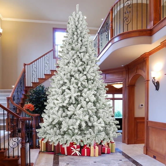 9ft Snow Flocked Christmas Tree with 2028 Tips, Artificial Snowy Xmas Pine Tree with Reinforced Metal Base for Home Office Party Holiday Decorations ,Blue