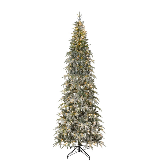 Qunler 9 Ft Pre-lit Flocked Artificial Christmas Tree, Slim Holiday Tree with PVC/PE Snow Tips, Warm Lights, Easy Assembly & Foldable Stand