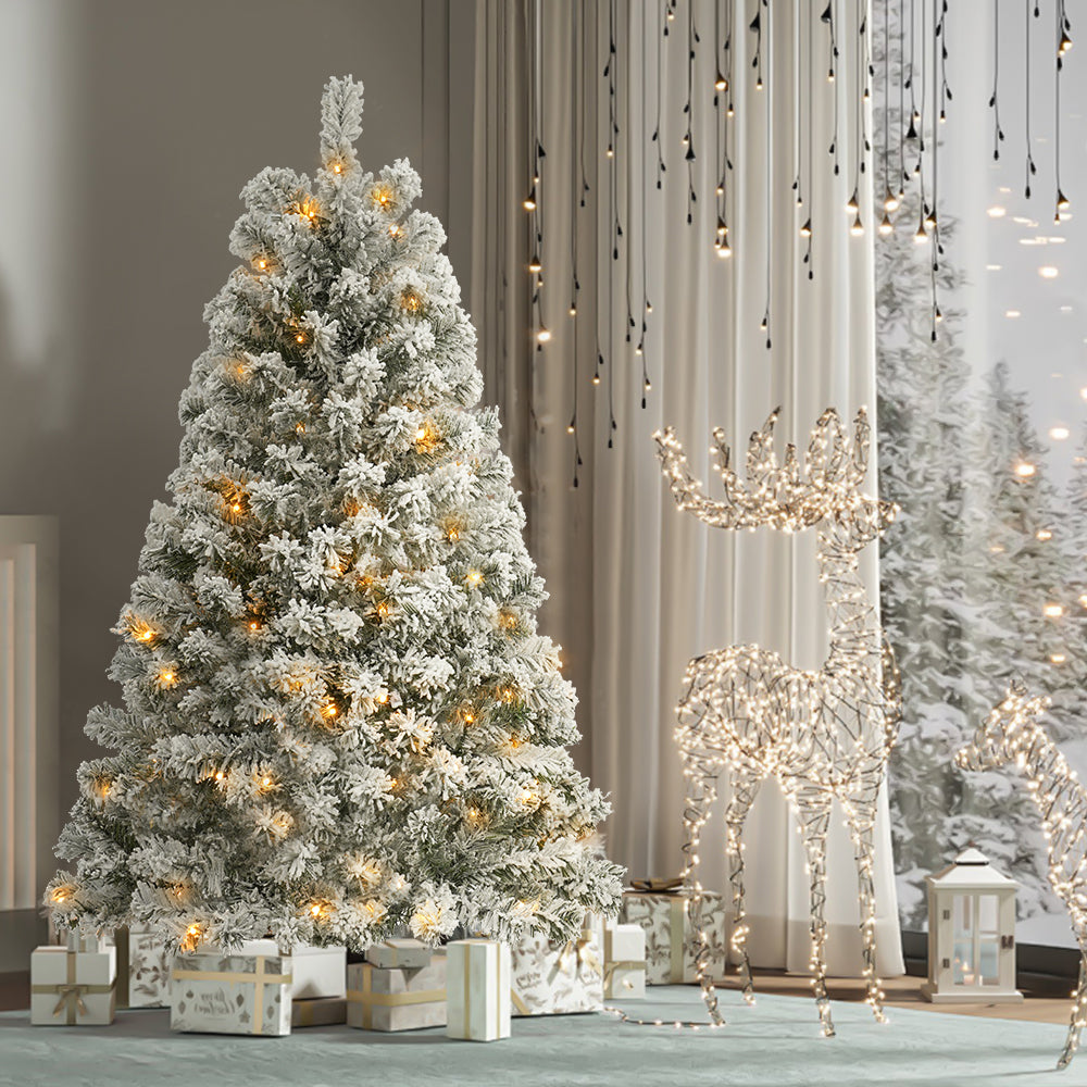 iFanze 3.5 FT Pre-Lit Premium Snow Flocked Christmas Tree w/ 150 Lights 300 Tips, Hinged Artificial Holiday Xmas Christmas Decoration, Metal Base Stand, White