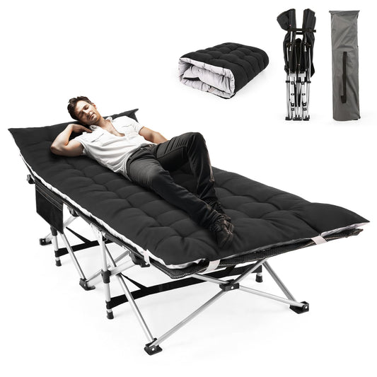 iFanze XL Folding Camping Bed Cot for Adult Kids 500lbs, Portable Sleeping Cot Rollaway Guest Bed with 4 Inch 2 Sided Extra Thick Crushed Velvet Mattress For Home Office Outdoor, 75"* 28", Black