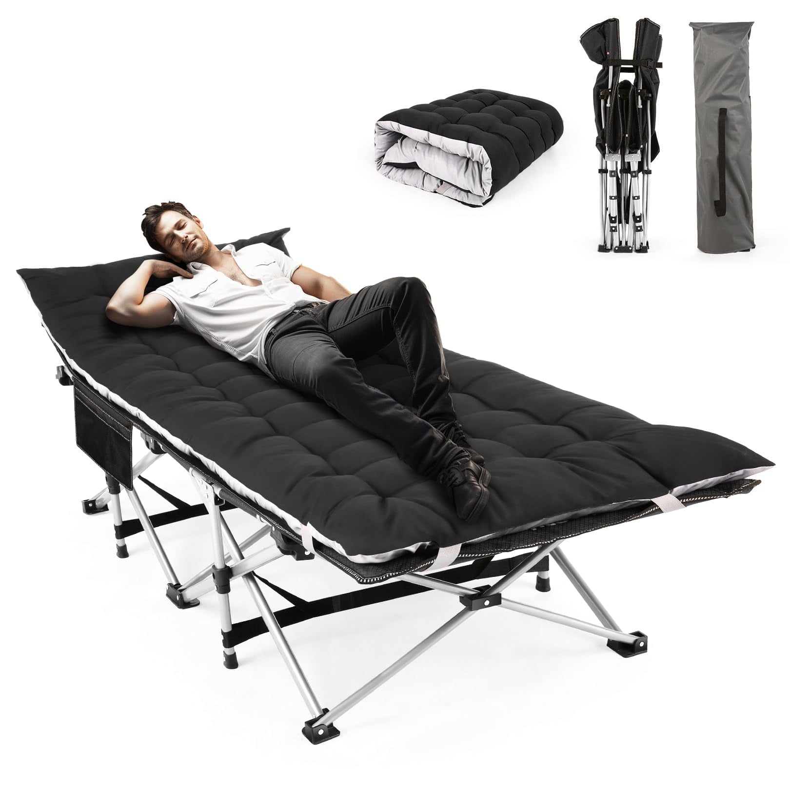 iFanze XXXL Oversized Adults Folding Camping Bed Cot With 4" Comfortable Mattress, 83"* 32" 800lbs Heavy Duty Portable Sleeping Cot For Guests Rollaway Bed, Black