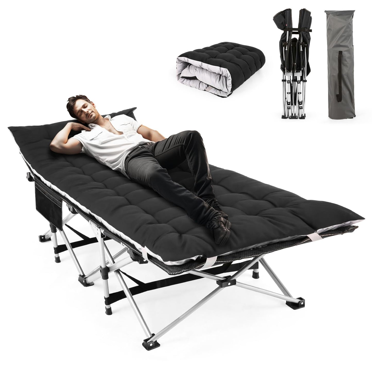 iFanze XXXL Oversized Adults Folding Camping Bed Cot With 4" Comfortable Mattress, 83"* 32" 800lbs Heavy Duty Portable Sleeping Cot For Guests Rollaway Bed, Black