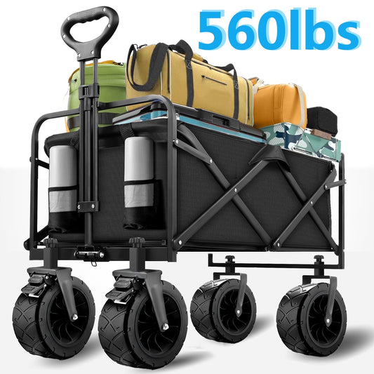 Collapsible Folding Wagon, 560LBS Large Heavy Duty Utility Garden Cart with All-Terrain Wheels and Adjustable Handles for Shopping Camping Sports Outdoor Beach, Black