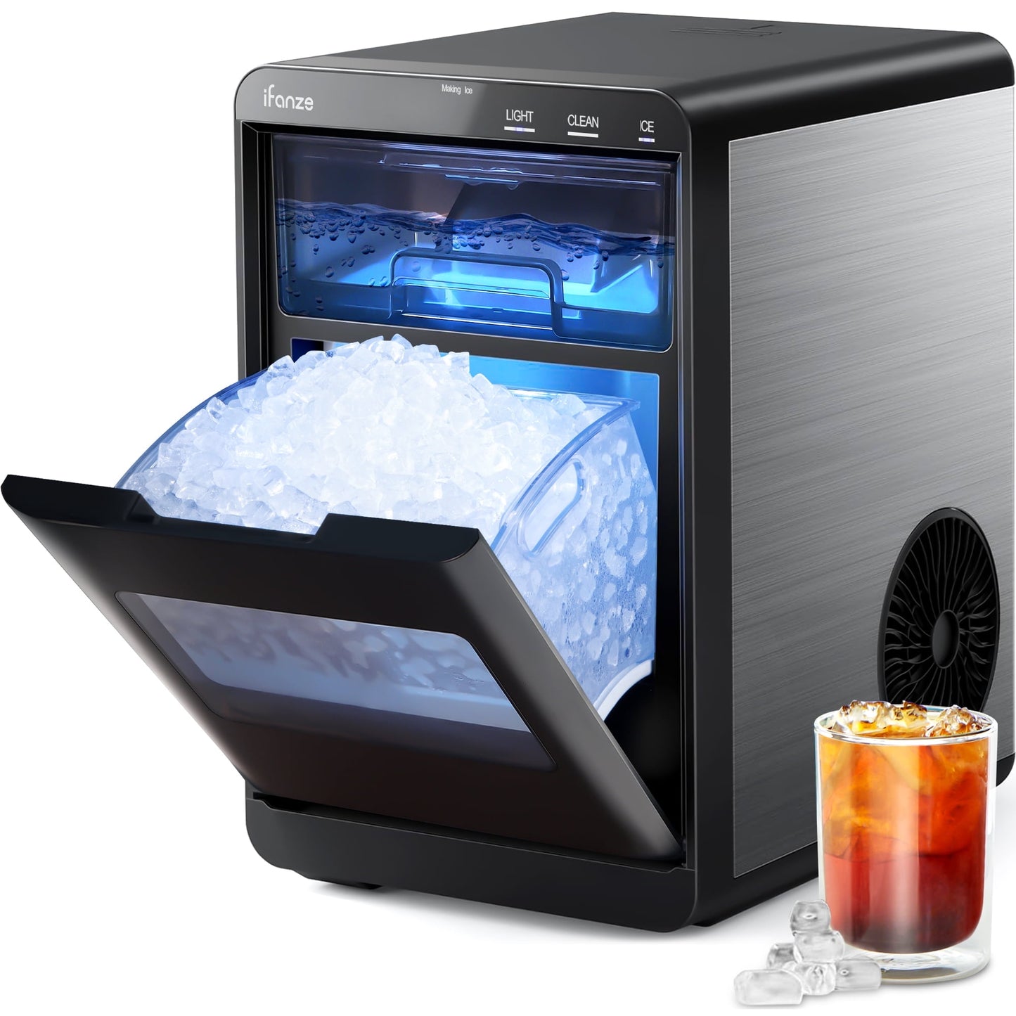 iFanze Nugget Ice Maker Countertop, 44lbs Per Day Chewable Pebble Nugget Ice Machine with Touch Screen for Home, Kitchen, Office, Stainless Steel, Black