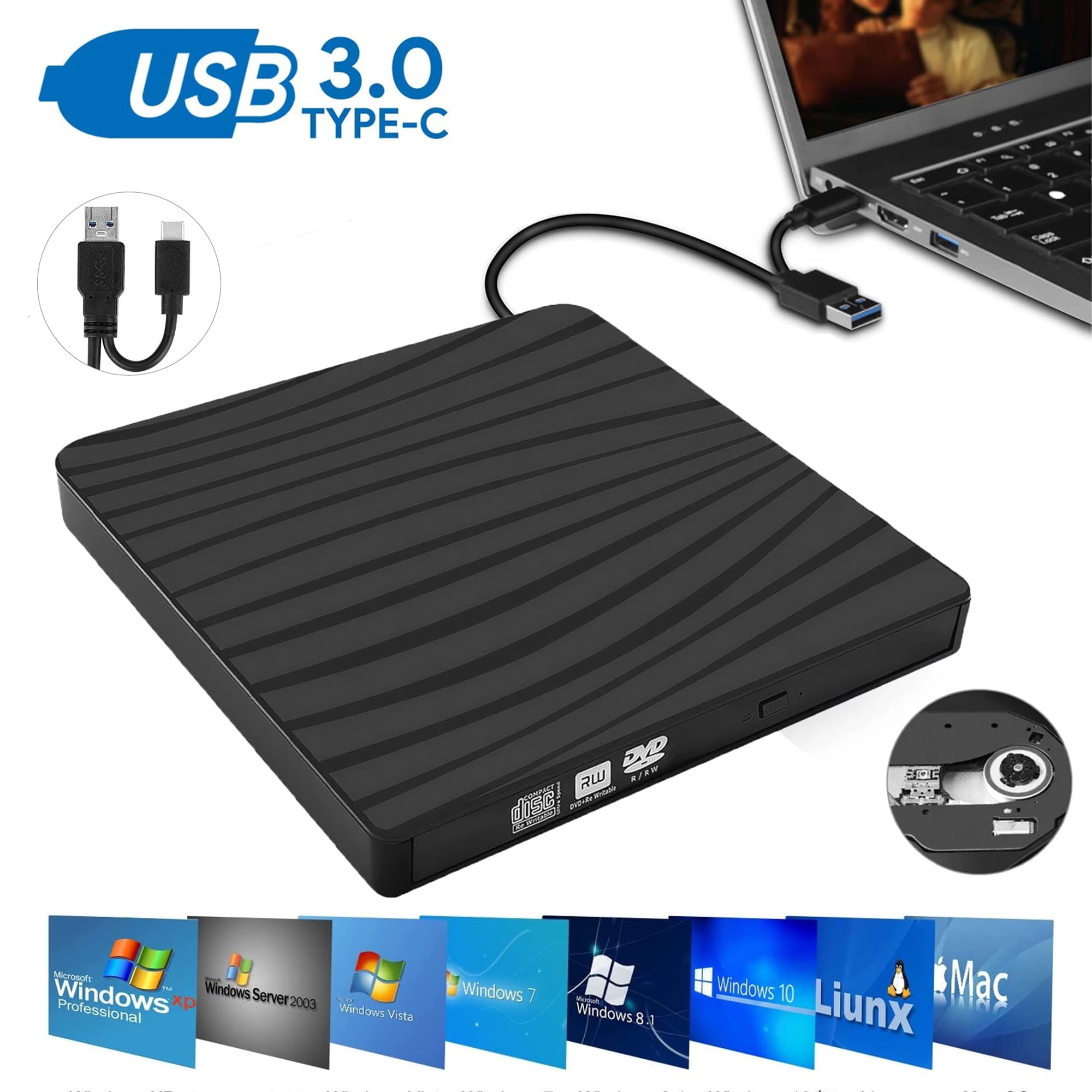 External DVD Drive, iFanze USB 3.0 Type-C Portable CD/DVD+/-RW Drive/DVD Player for Laptop, CD Burner Compatible with Desktop PC Laptop Windows Linux OS Apple Mac