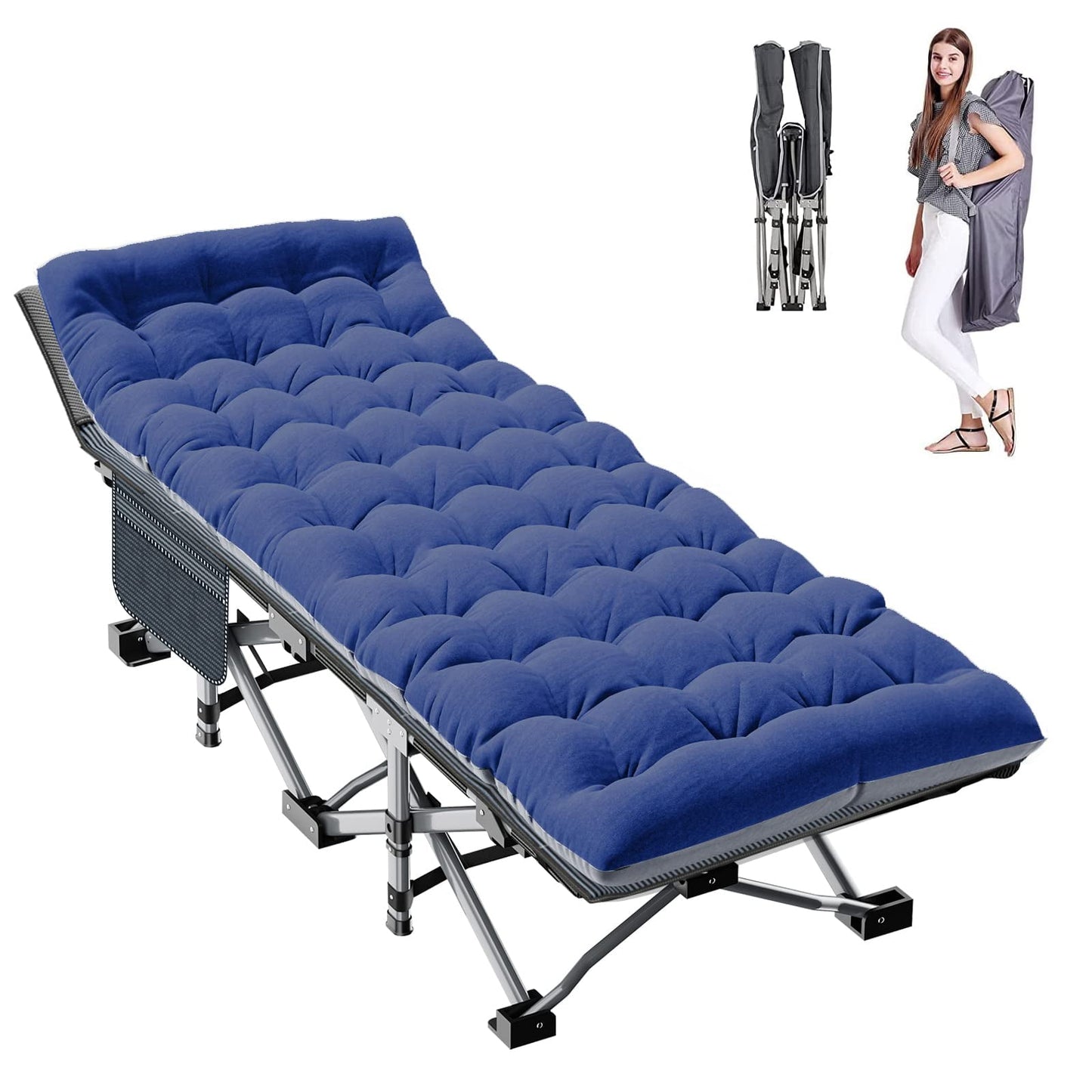 Folding Camping Cot W/Mat for Adults, Heavy Duty Outdoor Bed with Carry Bag,1200 D Layer Oxford Travel Camp Cots