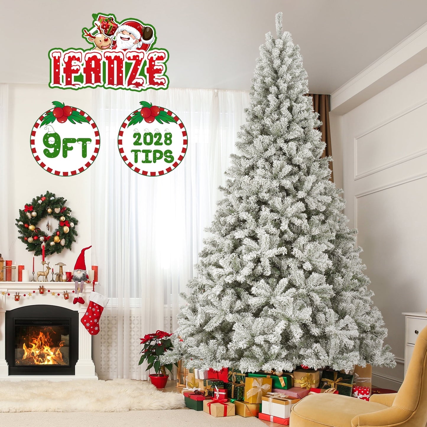 Ifanze 9ft Snow Flocked Christmas Tree with 2028 Tips, Artificial Snowy Xmas Pine Tree with Reinforced Metal Base for Home Office Party Holiday Decorations ,White(NO Light)