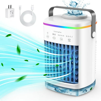 Jorocks Portable Air Conditioner Fan, 700ml Evaporative Air Cooler Fan with Cool Mist, 4 Speeds, Timer Function, 7 Colors Atmosphere Light, Personal AC Fan for Home Office Room, White