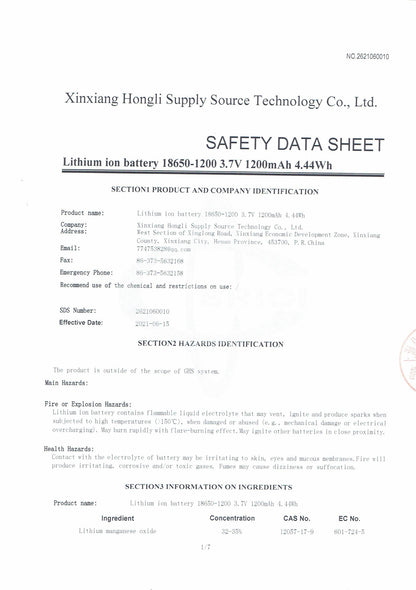 MSDS for ifanze li-on batteries