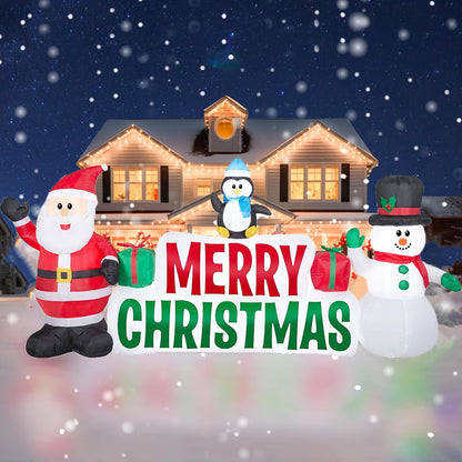 iFanze 10ft Long Christmas Inflatables, Lighted Merry Christmas Sign with Santa Claus, Snowman, and Penguin, Giant Blow Up Outdoor Christmas Lawn Yard Decoration