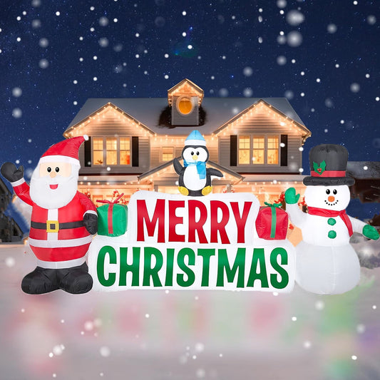 iFanze 10ft Long Christmas Inflatables, Lighted Merry Christmas Sign with Santa Claus, Snowman, and Penguin, Giant Blow Up Outdoor Christmas Lawn Yard Decoration