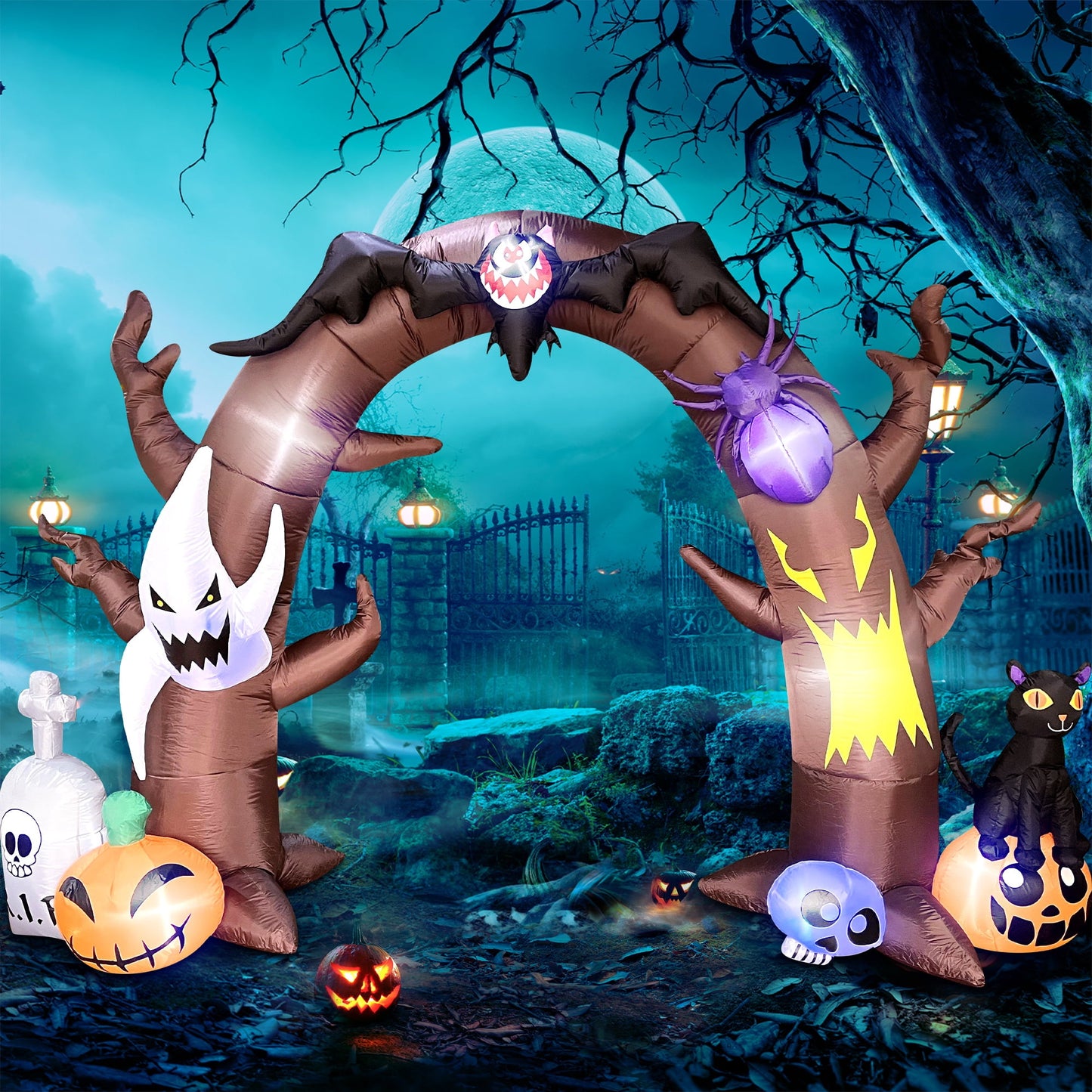 Melliful 11ft x 8ft Halloween Inflatable Arch, Dead Tree with Pumpkin Ghost Bat Tombstone Black Cat Inflatables, Ideal for Halloween Yard Lawn Garden Front Door Indoor Outdoor Decor