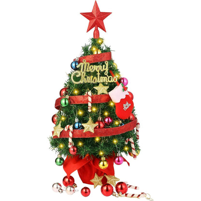 Melliful 20" Pre-LiTabletop Mini Christmas Tree Set with LED Light and Star Treetop Ornaments Balls Bells Pine Cones for Indoor Outdoor Xmas Decoration Home Fireplace Front Door, Include Wooden Base