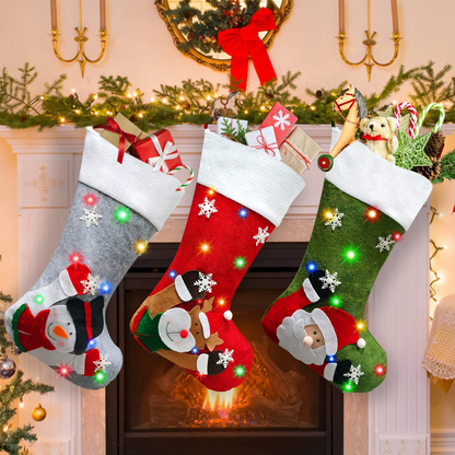 Melliful Christmas Stockings,3 Pack 18" Xmas Stockings Decoration with Light Snowflake Santa Snowman,Reindeer and Plush Faux Fur Stockings for Fireplace Christmas Tree Decor Home Holiday Party