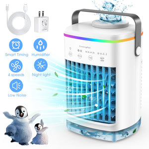 Portable Air Conditioner Fan, Melliful 700ML Evaporative Air Cooler Fan with 4 Wind Speed, 7 Colors Light,Air Spray,2-8H Timer, Personal AC Fan for Home Room Office Camping, White