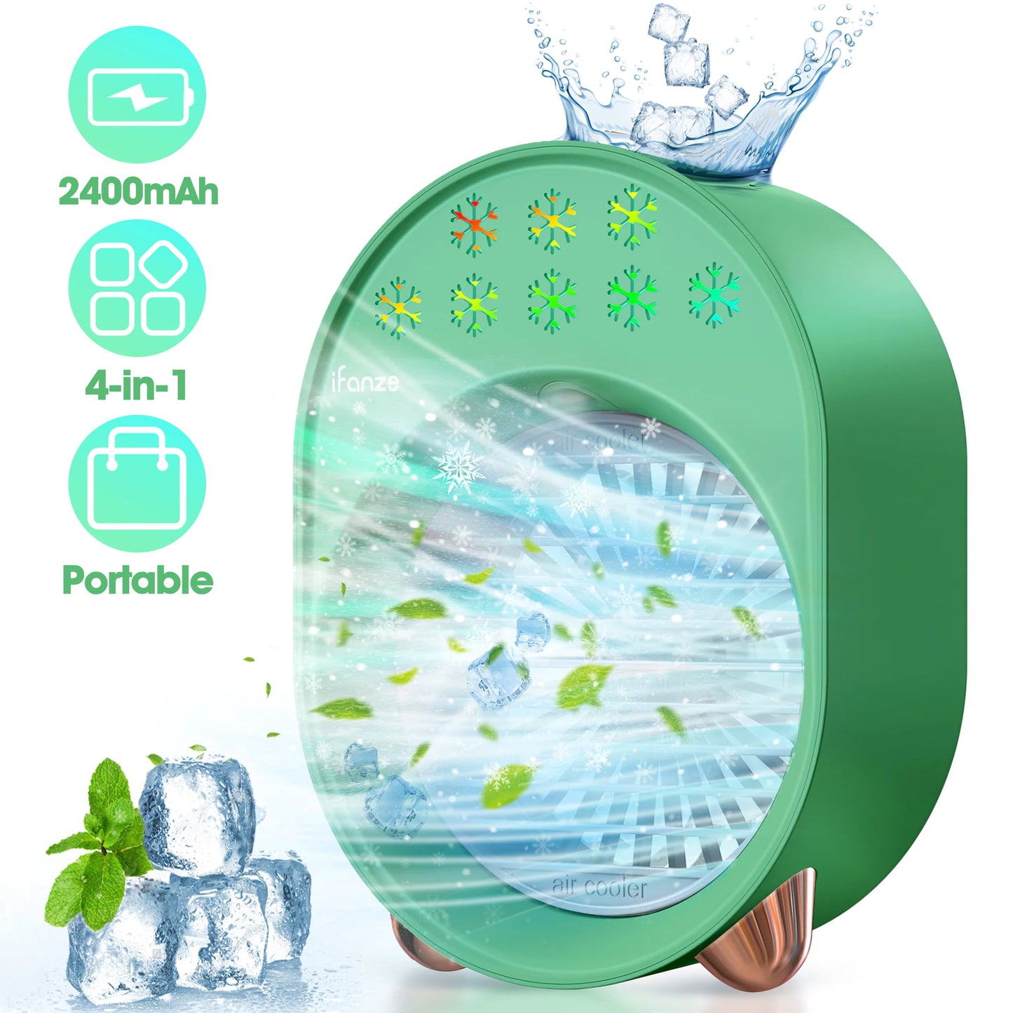 Portable Air Conditioner Fan, iFanze 3 Speeds 4-in-1 Mini AC Personal Fan Humidifier, Green