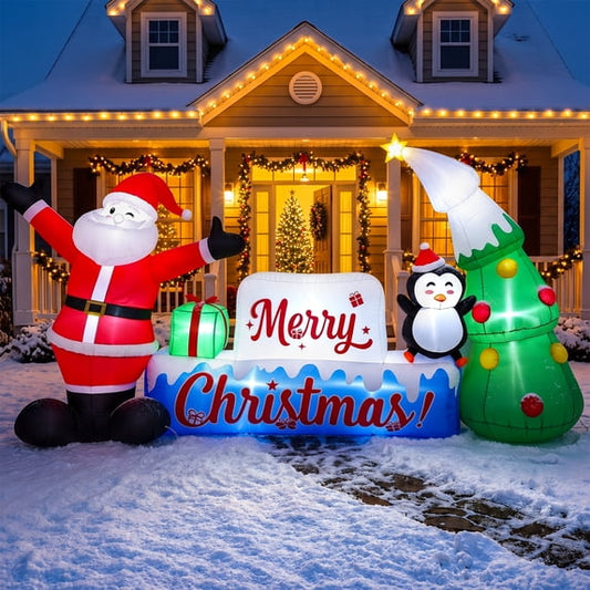 12ft Christmas Inflatables, Lighted Merry Christmas Sign with Santa, Christmas Tree, and Penguin, Giant Blow Up Outdoor Christmas Lawn Yard Decoration