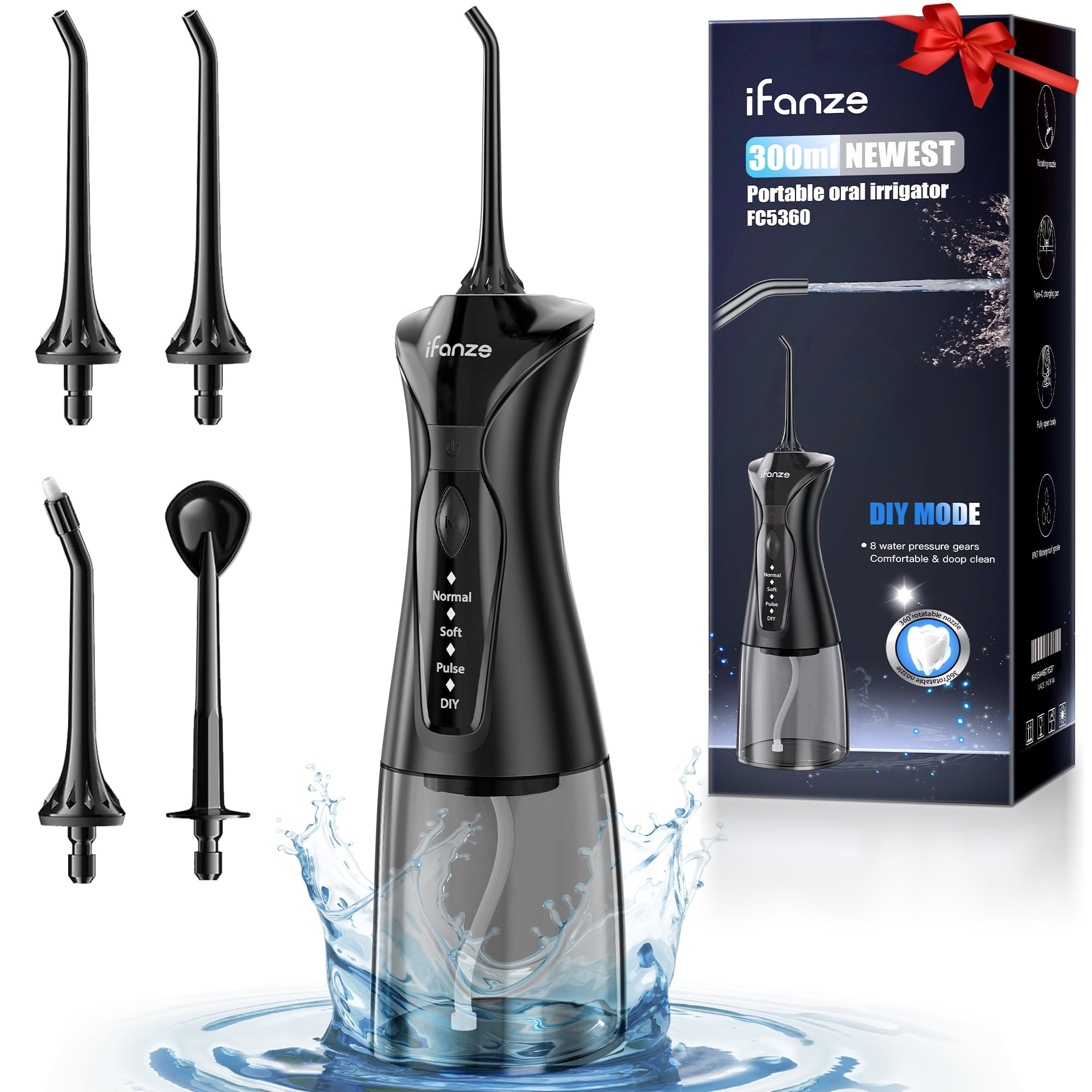 Posrue Water Flosser Pick, 4 Modes Cordless Dental Flosser for Teeth Cleaning, IPX7 Waterproof Portable Oral Irrigator for Travel, Home, 300ml Larger Tank, Black