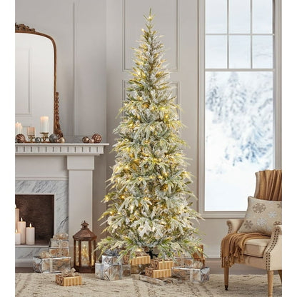 Qunler 6ft Pre-lit Snow Flocked Artificial Christmas Tree with 250 Warm Lights 8 Modes, 420 PE+PVC Snowy Branches,White