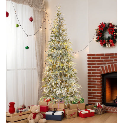 Qunler 7ft Pre-lit Snow Flocked Artificial Christmas Tree with 300 Warm Lights 8 Modes, 700 PE+PVC Snowy Branches, White