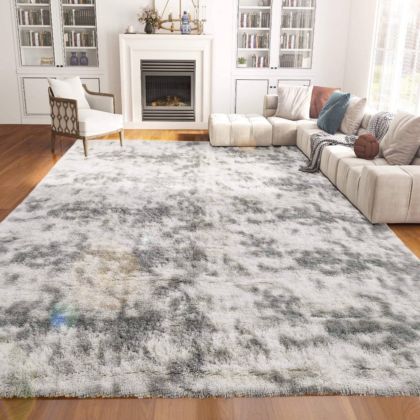 Qunler 8' x 10' Area Rug for Living Room, Tie-dye Grey Large Fluffy Rug for Bedroom, Indoor Rectangle Shag Rugs, Flame Retardant, Light Grey