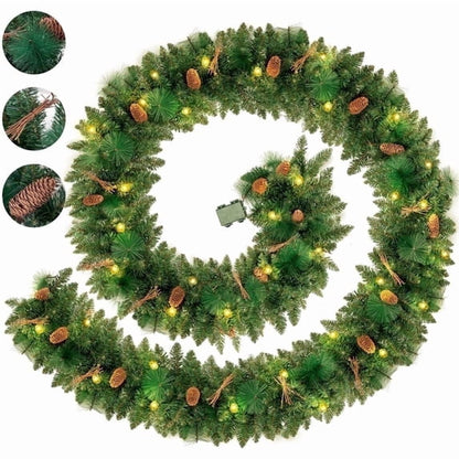 9ft Outdoor Pre-Lit Christmas Garland for Fireplace Mantel Stairs Doorway Indoor Outdoor Xmas Holiday Decoration,Battery Operated LED Lights