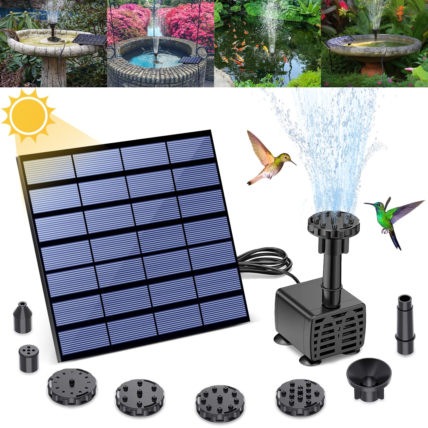 Solar Fountain,Solar Water Fountain Pump 6 Nozzles, Solar Powered Fountain Pump for Bird Bath, Ponds, Garden,Swimming Pool, Fish Tank,Outdoor and Aquarium,Black