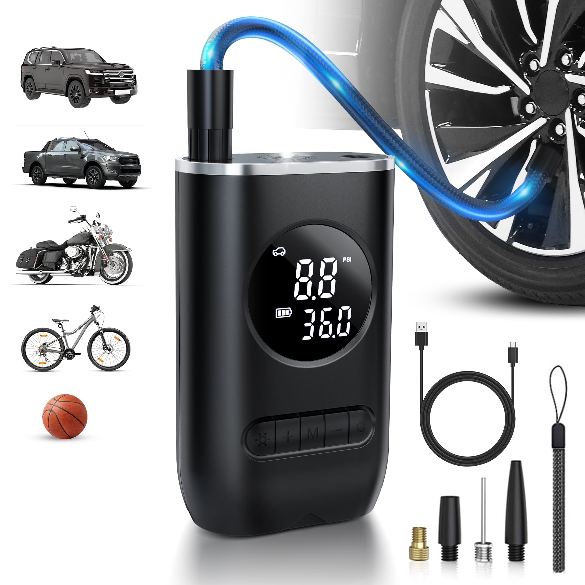 Qunler Tire Inflator Portable Air Compressor, 150PSI Cordless Air Pump for Car Tires with Digital Pressure Gauge, Rechargeable Tire Pump with Flashlight for Car Bike Motorcycles Balls