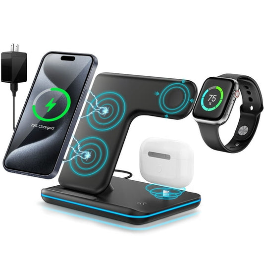 Wireless Charger, 3 in 1 Qi-Certified 15W Fast Charging Dock Station/ Stand, Compatible for iPhone Series 15/14/13/12/11/XS/MAX /XR/XS/X/Apple Watch Charger 9 8/7/ 6/5/4/3, Air Pods Pro/Samsung, Black