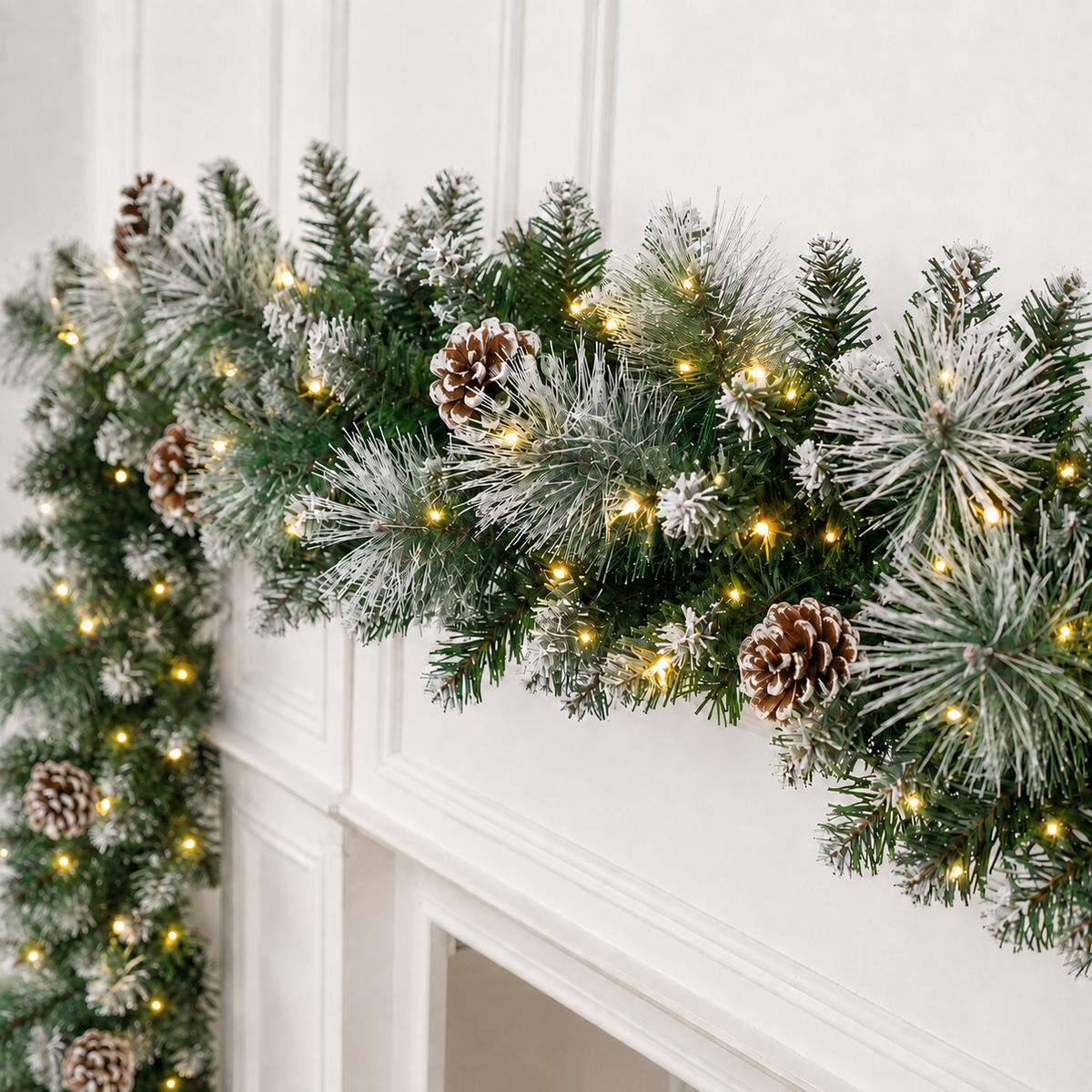 9ft Pre-Lit Christmas Garland with LED Lights w/ 8 Modes & Timer for Outdoor Indoor Xmas Decoration Fireplace Stairs Doorway Railings Decor, Battery Operated