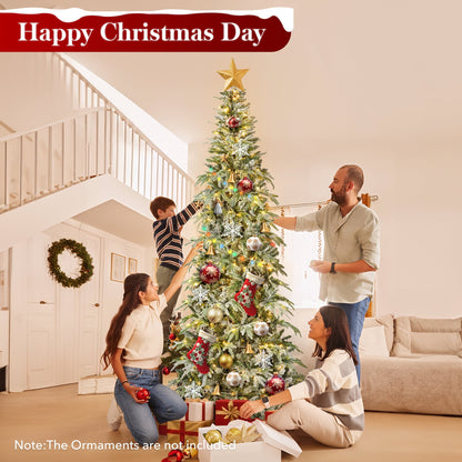Qunler 9ft Pre-lit Snow Flocked Artificial Christmas Tree with 400 Warm Lights 8 Modes, 1100 PE+PVC Snowy Branches, white