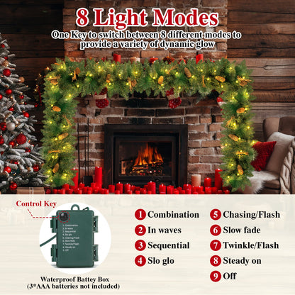 9ft Outdoor Pre-Lit Christmas Garland for Fireplace Mantel Stairs Doorway Indoor Outdoor Xmas Holiday Decoration,Battery Operated LED Lights