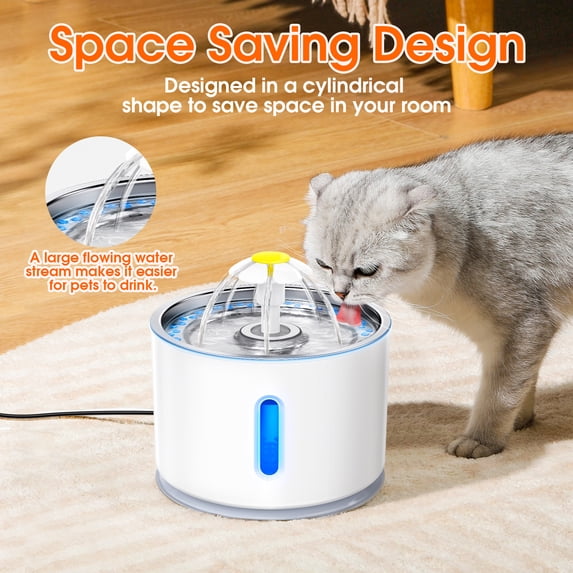 Qunler Cat Water Fountain, 80oz Automatic Pet Drinking Fountain with Stainless Steel Bowl, Ultra-Quiet Circulating Filter System with LED Light for Cats