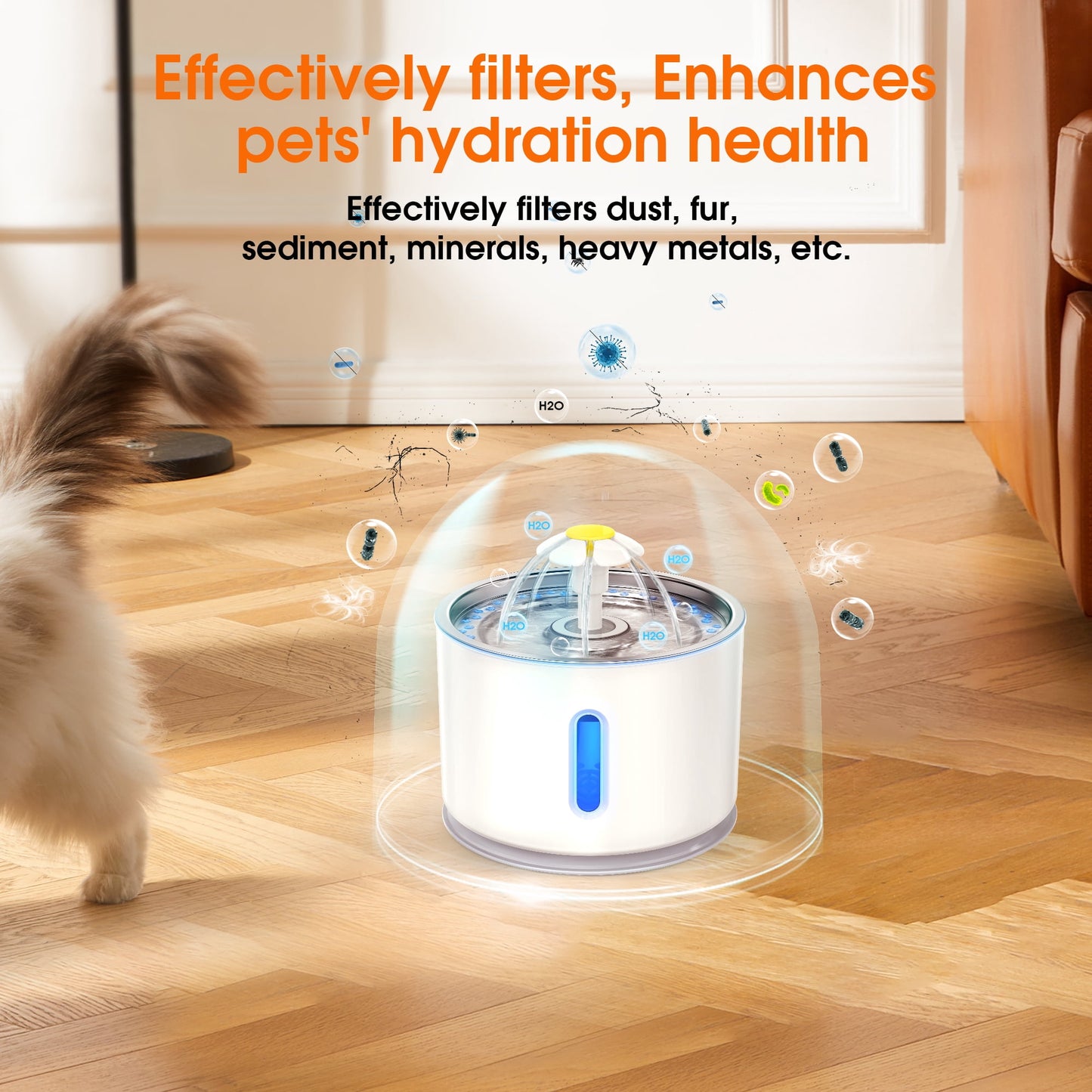 Qunler Cat Water Fountain, 80oz Automatic Pet Drinking Fountain with Stainless Steel Bowl, Ultra-Quiet Circulating Filter System with LED Light for Cats