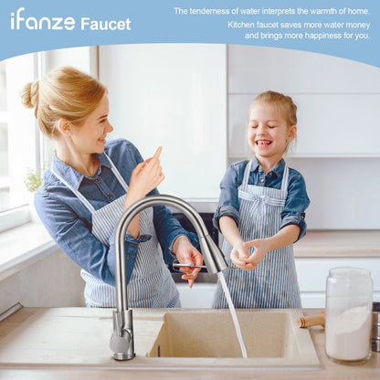 Qunler Kitchen Faucets, Brushed Nickel Kitchen Faucet with Pull Down Sprayer, High Arc Single Handle Stainless Steel Sink Faucets
