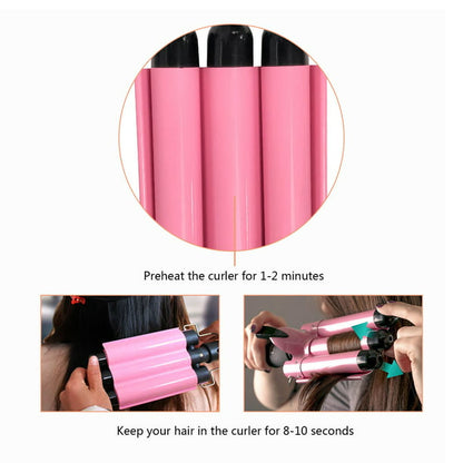 3 Barrel Curling Iron Wand with LCD Temp Display, 28mm Hair Waver Iron, Pink