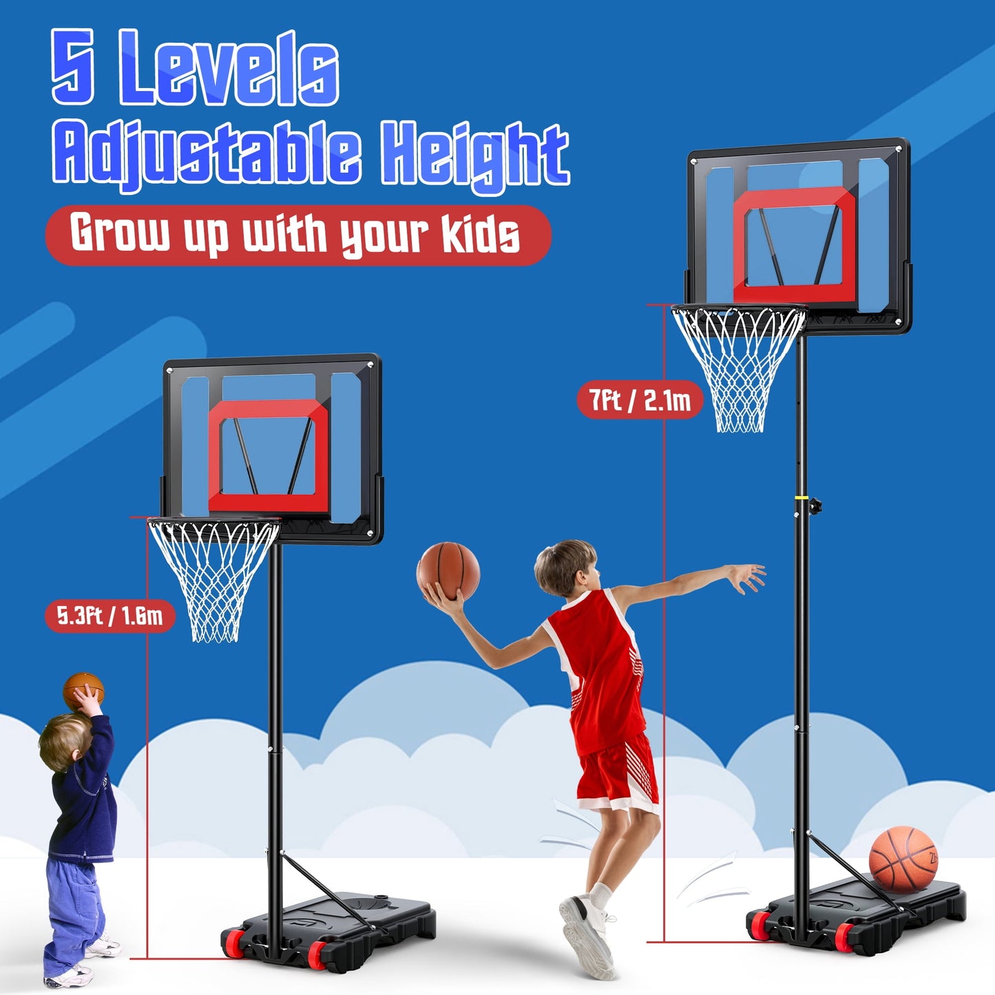 Basketball Hoop Outdoor for Kids, 5-7Ft Height Adjustable Portable Basketball Hoop Goal System