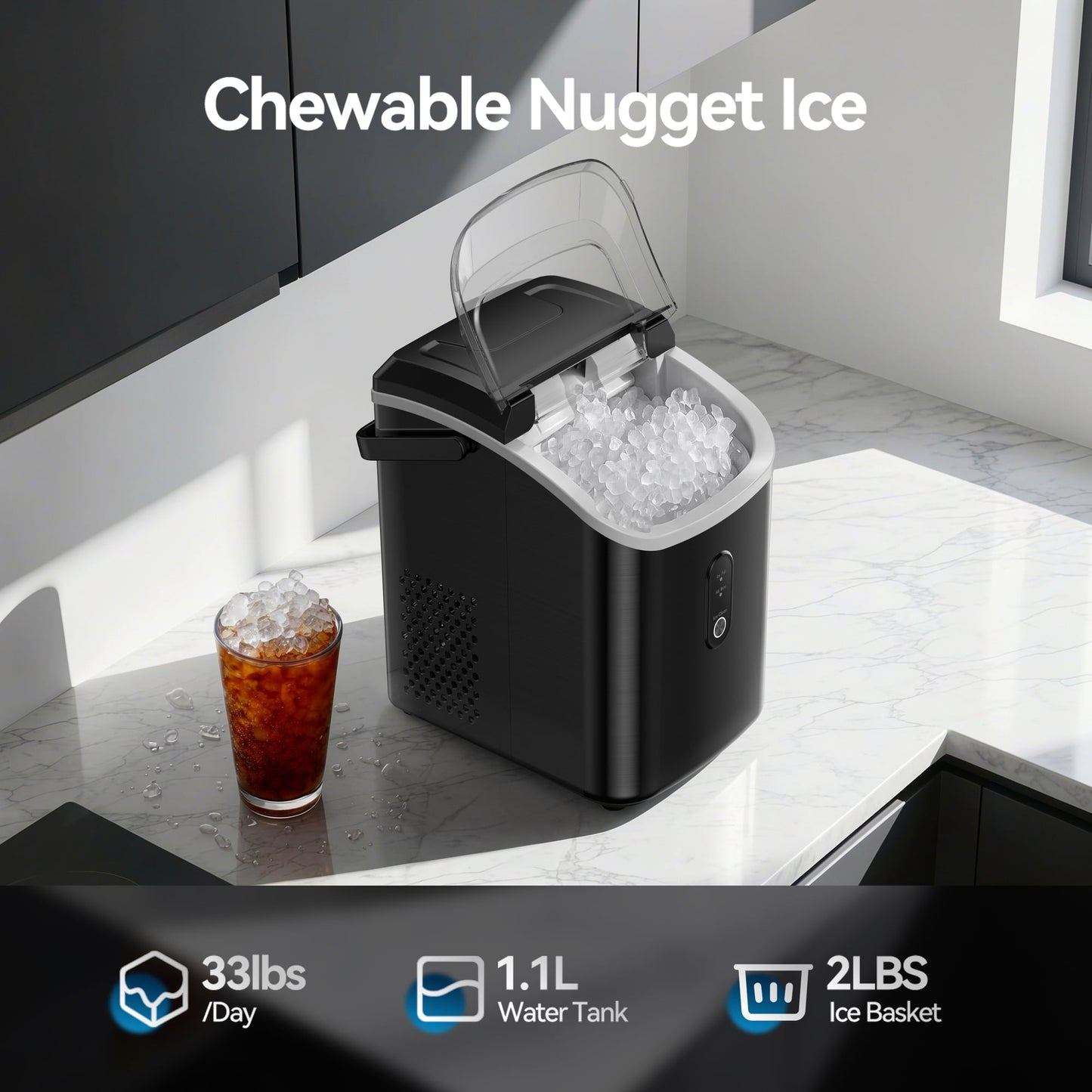 Countertop Nugget Ice Maker, Qunler 33lbs per Day Portable Pebble Ice Machine with Soft Chewable Pellet for Home Use, Stainless Steel
