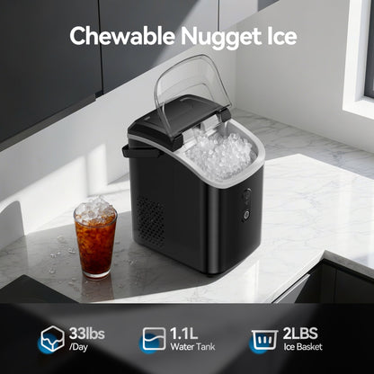 Countertop Nugget Ice Maker, Qunler 33lbs per Day Portable Pebble Ice Machine with Soft Chewable Pellet for Home Use, Stainless Steel