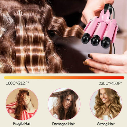 3 Barrel Curling Iron Wand with LCD Temp Display, 28mm Hair Waver Iron, Pink